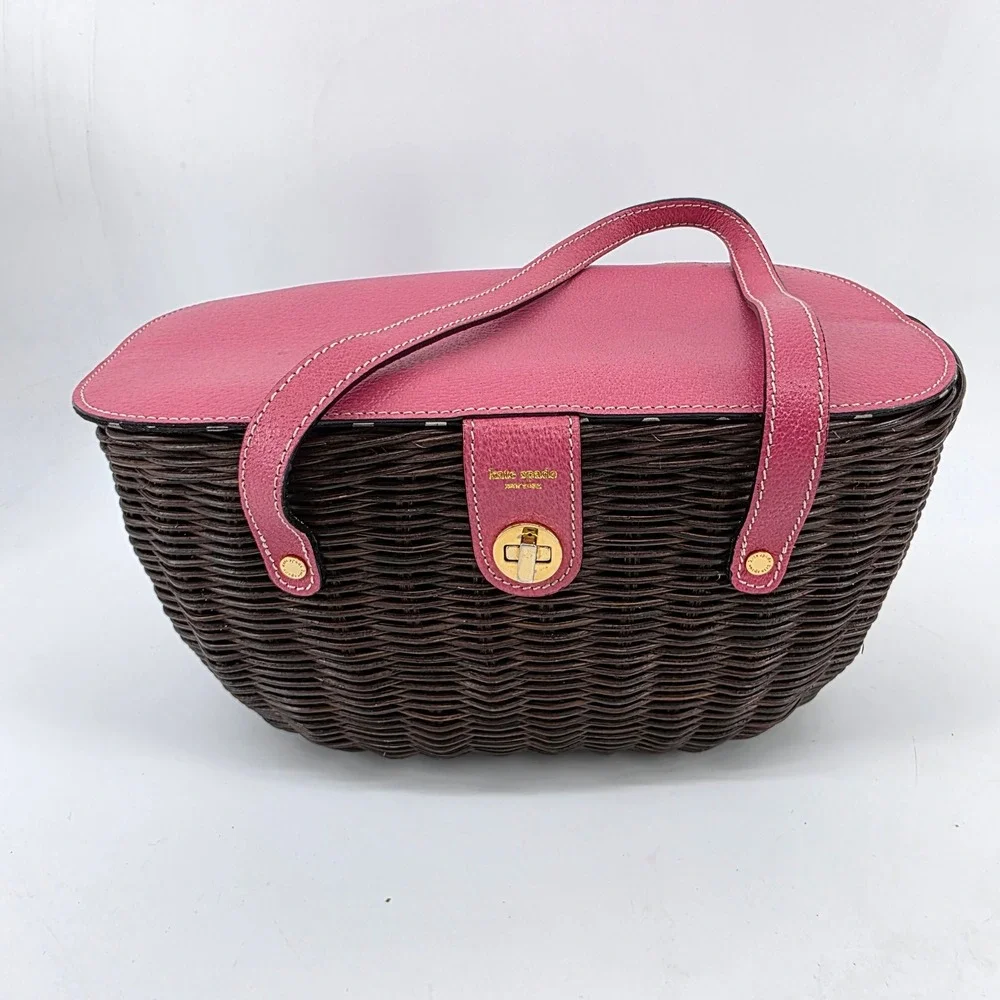 Kate Spade Pink Leather Dark Brown Wicker Picnic Basket Polka Dot Satchel Bag